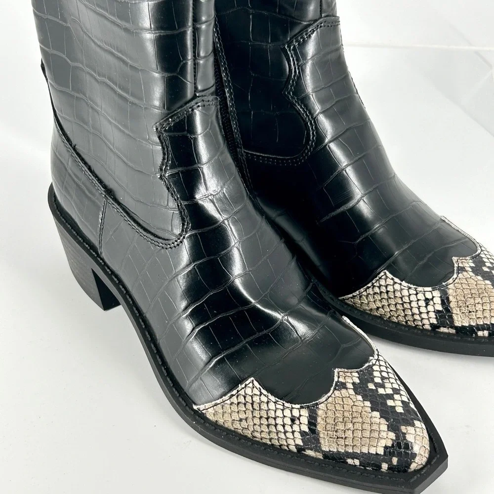 Open Edit Size 5.5 Black Western Ankle Boots NEW Snake Crocodile‎ Embossed $89